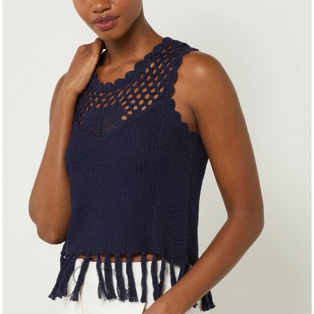 BCBGMAXAZRIA Blue 100% Cotton Crochet Sleeveless Blouse With Fringes, size XS